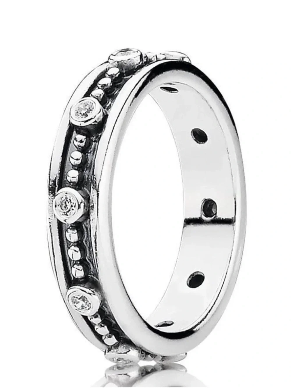 Pandora Silver Beaded Band Ring with Clear Stones